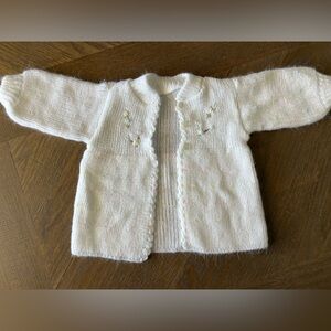 White Knit Baby Cardigan with Embroidered Flowers